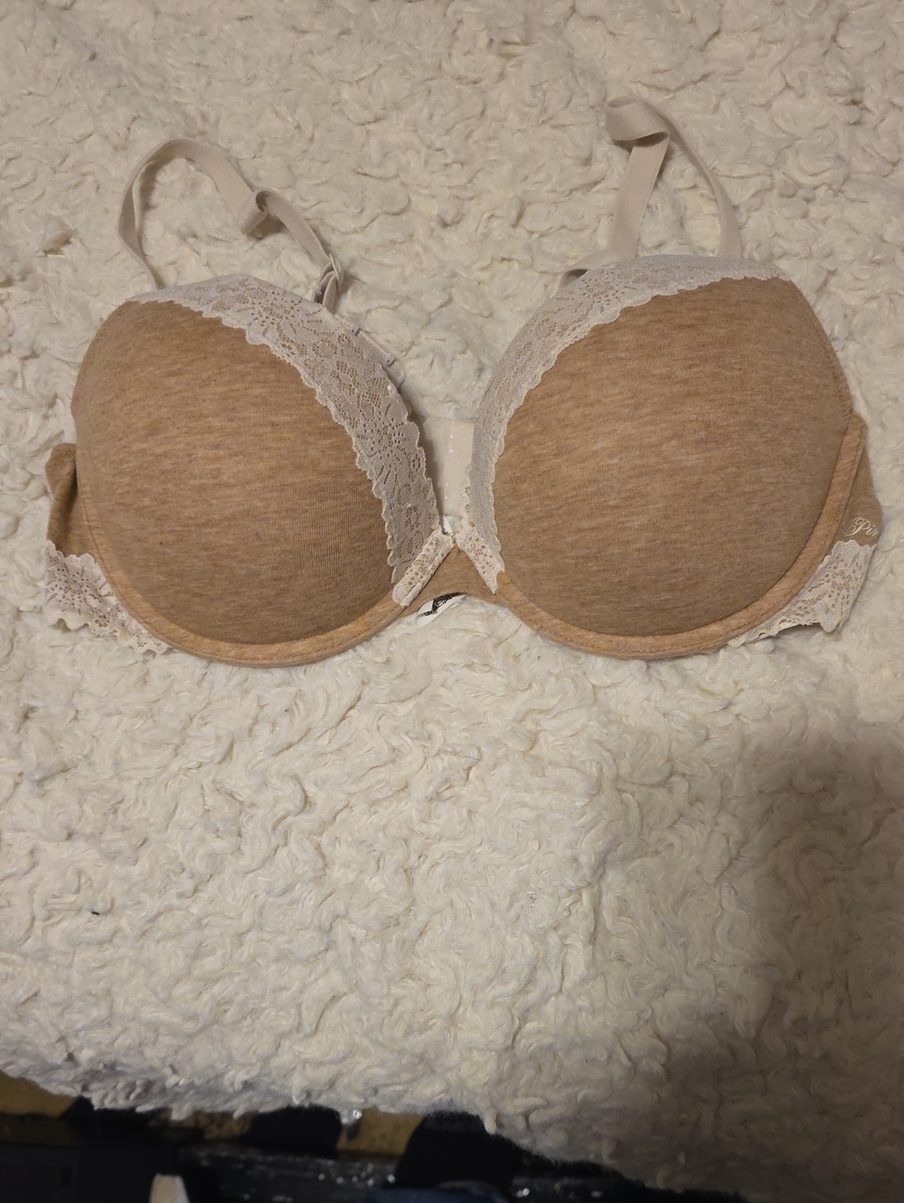 PINK Victoria's Secret Heathered Beige Push-Up Bra with Cream Lace